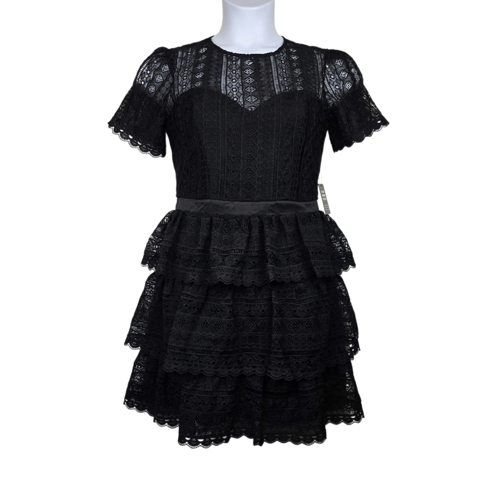 Express Womens Short‎ Sleeve Black Lace Tiered A-Line Mini Dress Size M NWT